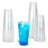 Clear Karat 32oz PP Plastic Cold Cups stacked and with blue drink