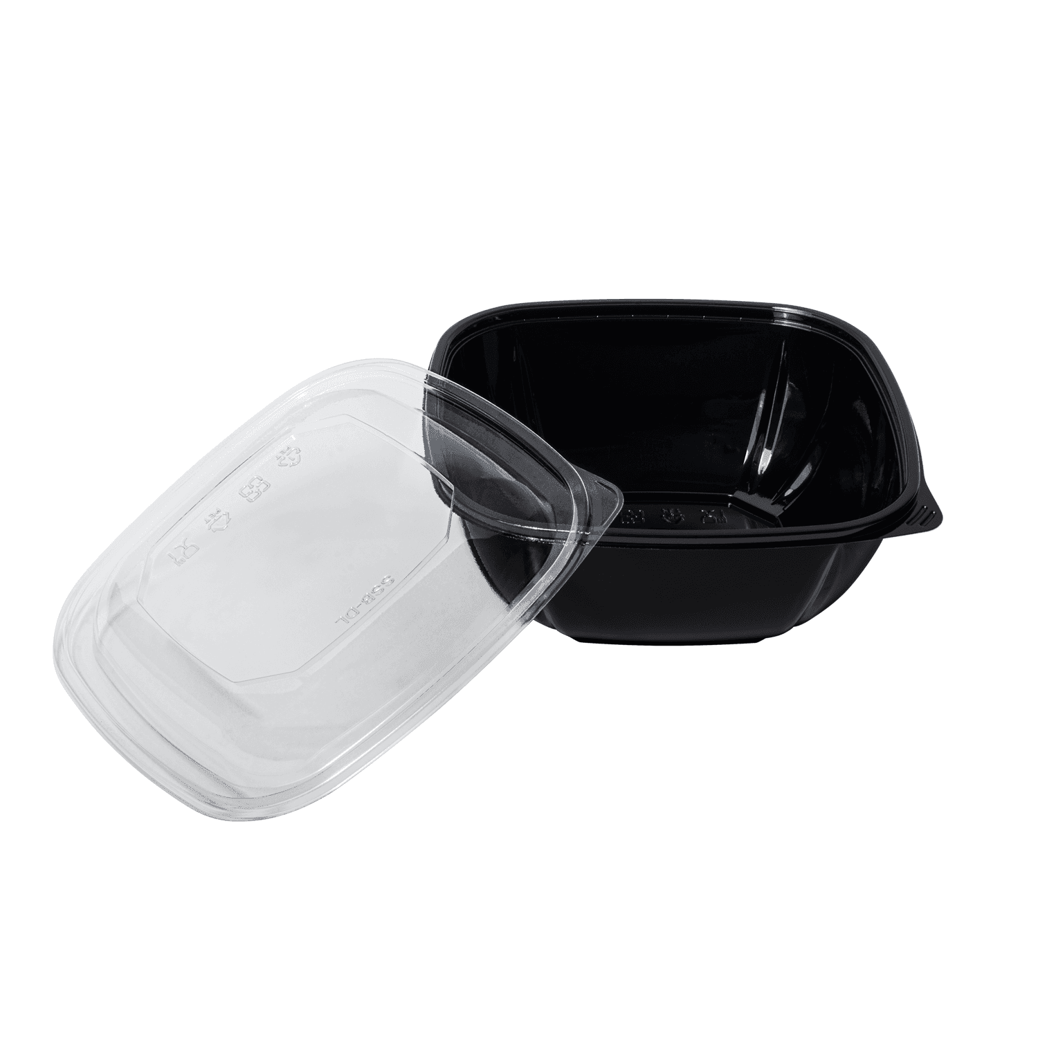 Black Karat 48oz PET Square Bowl with clear lid next to bowl