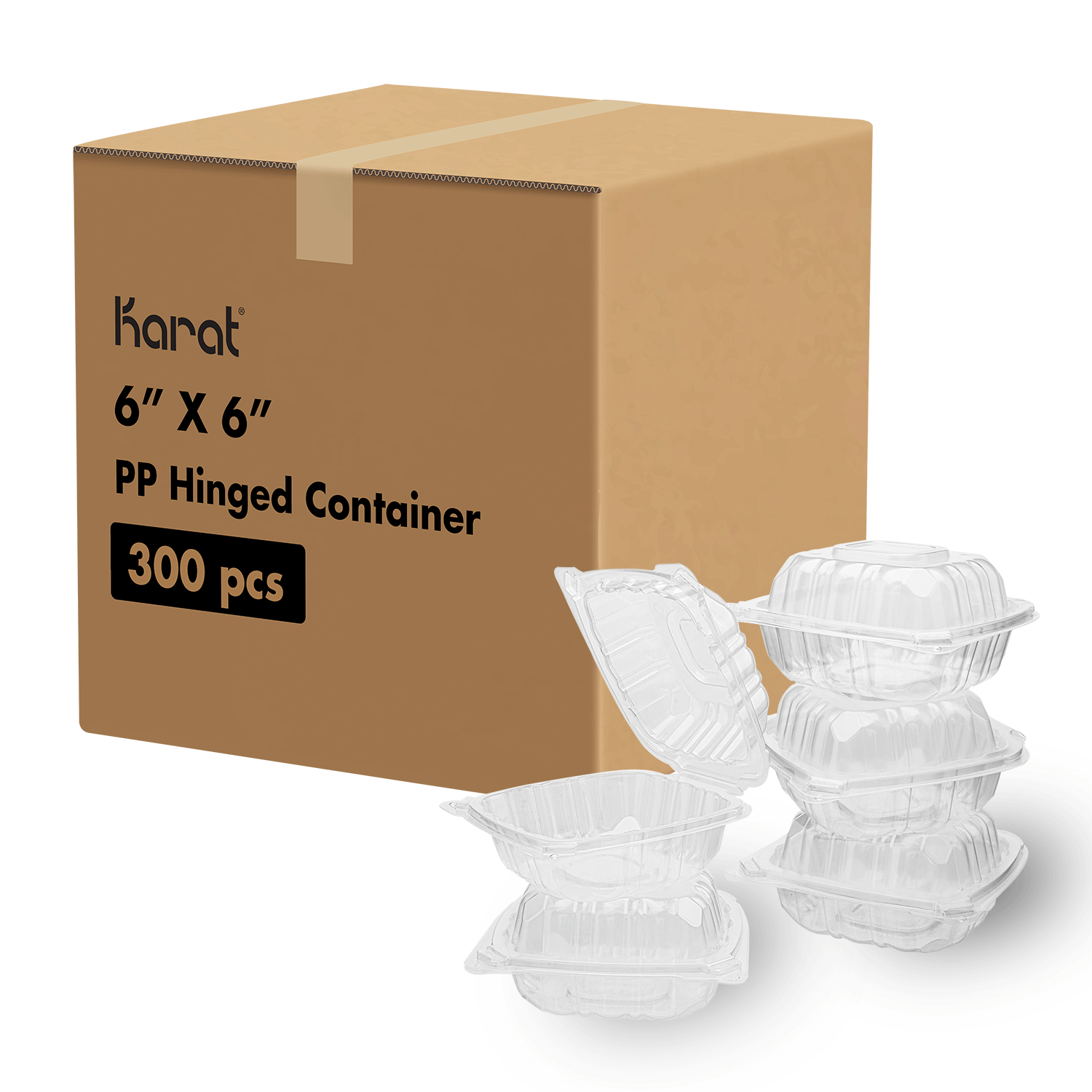 Karat 6'' x 6" PP Plastic Hinged Container, Clear - 300 pcs