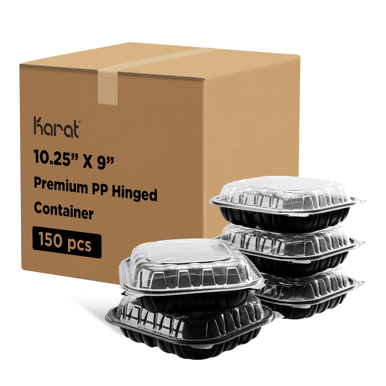 Karat 10.25"x 9" Premium PP Hinged Container stacked next to packaging