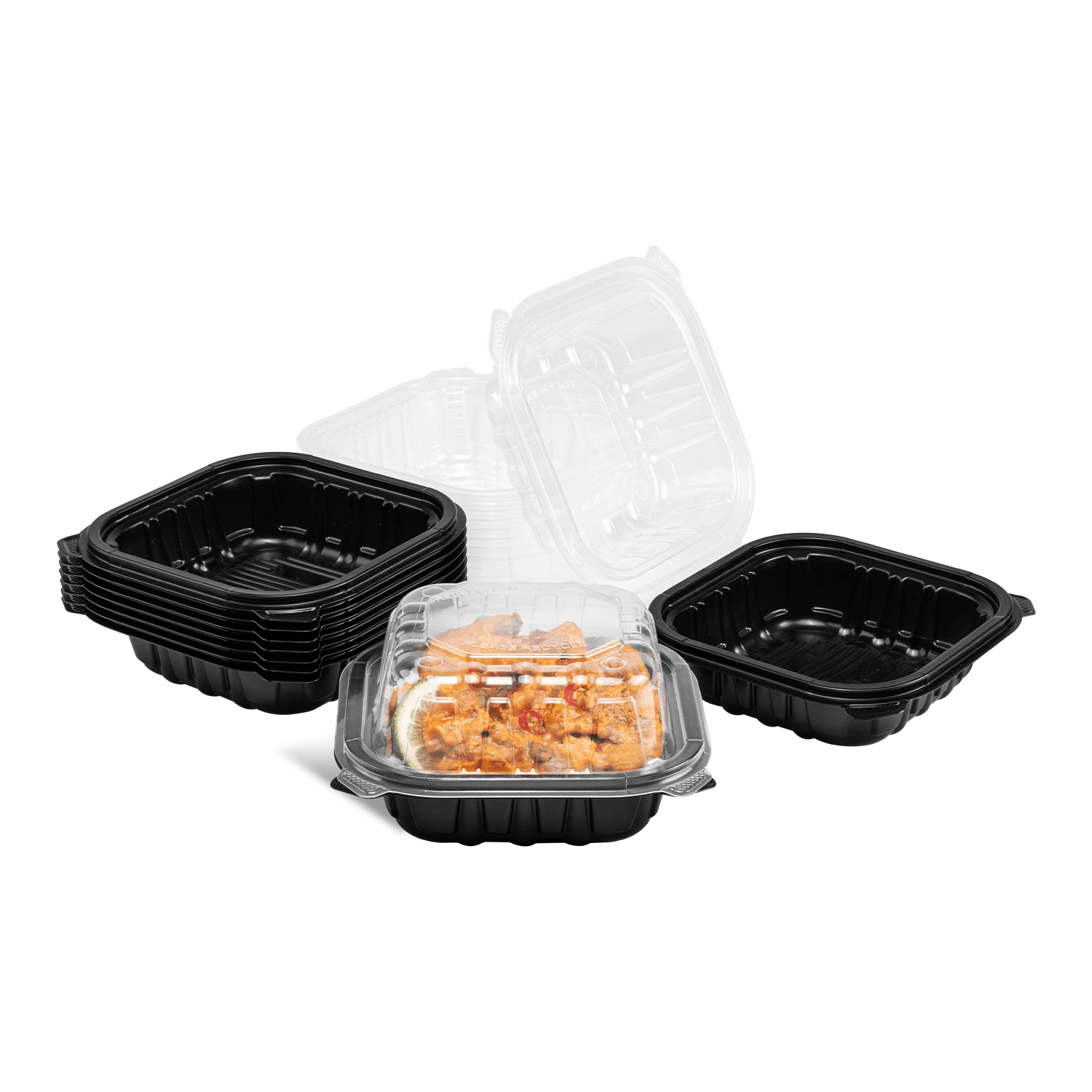 Karat 6"x 6" Premium PP Hinged Containers stacked and one on its own with food inside