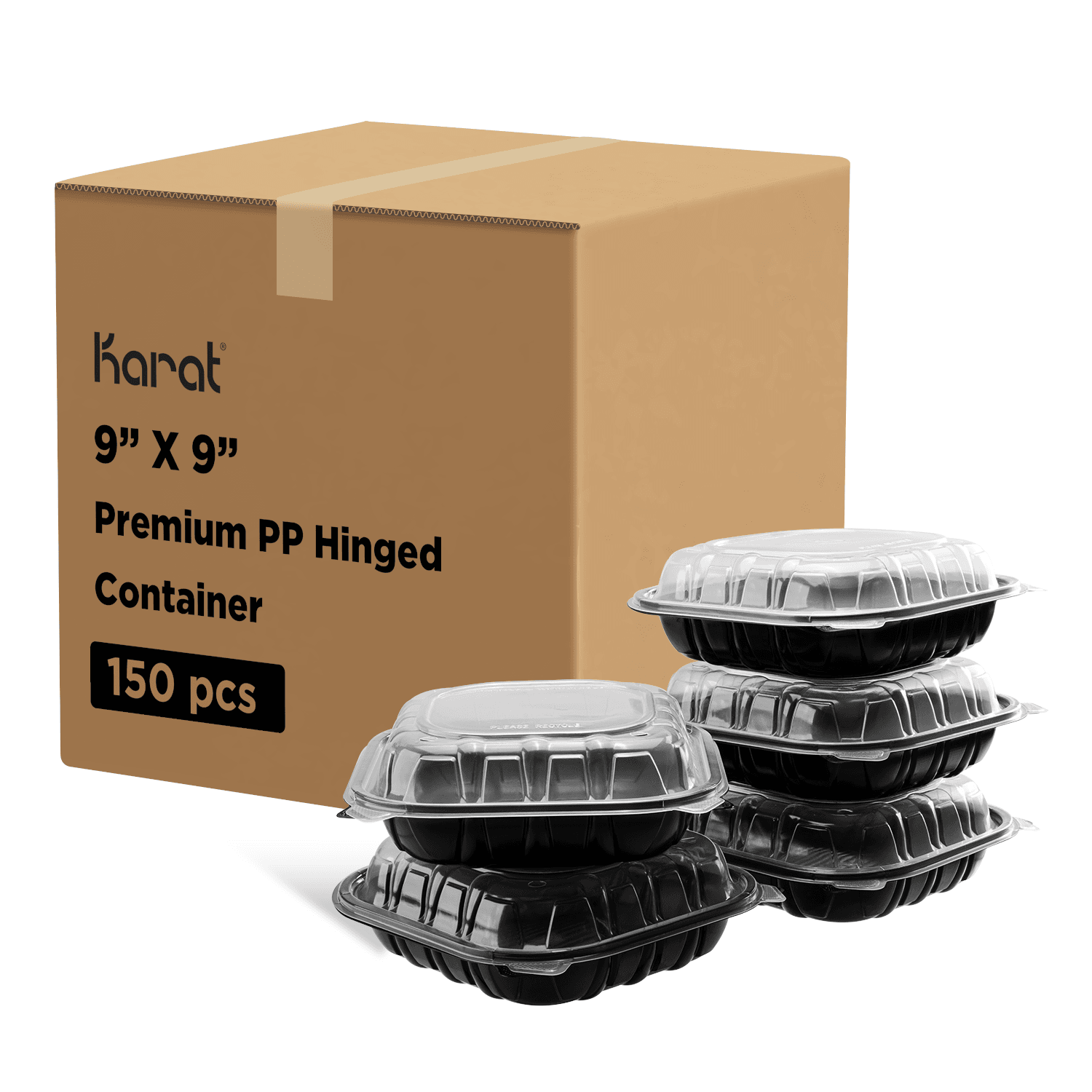 Karat 9"x 9" Premium PP Hinged Container stacked next to packaging