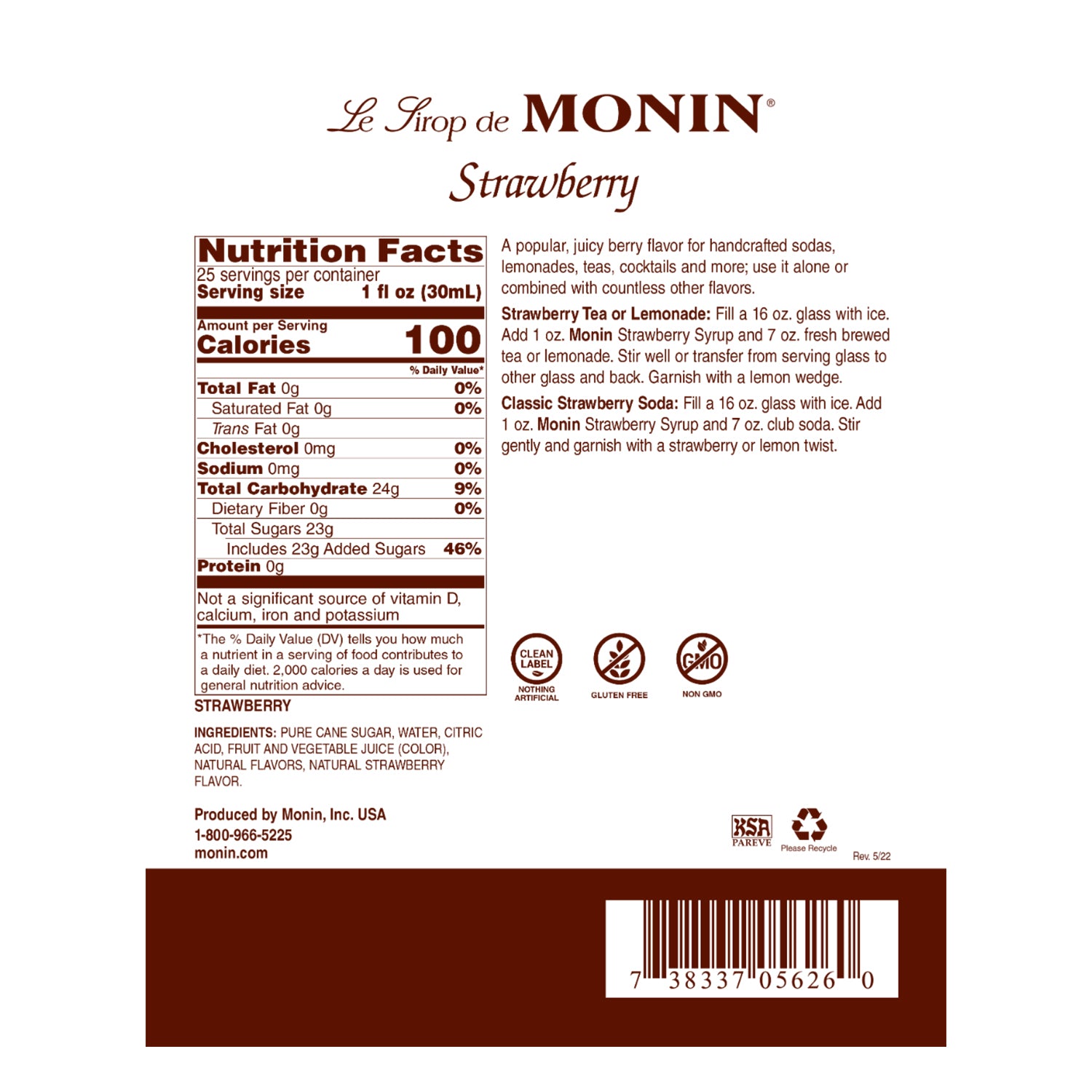 Monin Strawberry Syrup - Bottle (750mL)