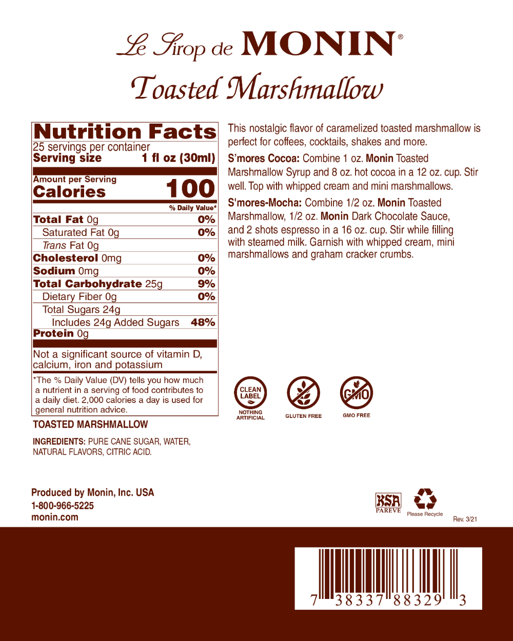 Monin Toasted Marshmallow Syrup - Bottle (750mL)