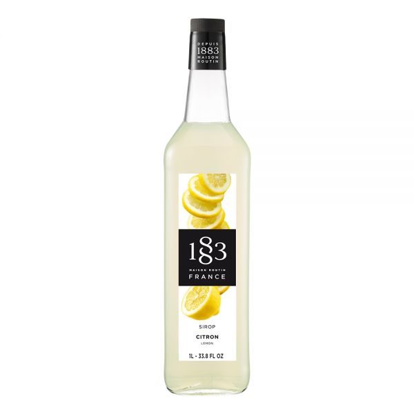 1883 Maison Routin Lemon syrup in a clear 1 Liter bottle.