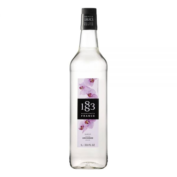 1883 Maison Routin Orchid syrup in a clear 1 Liter bottle.