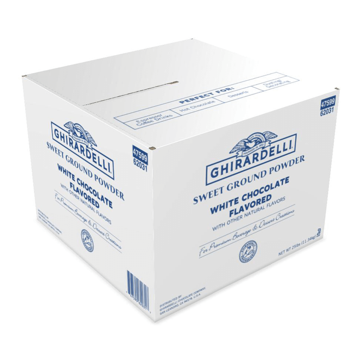 White box of Ghirardelli Sweet Ground White Chocolate Flavored Powder