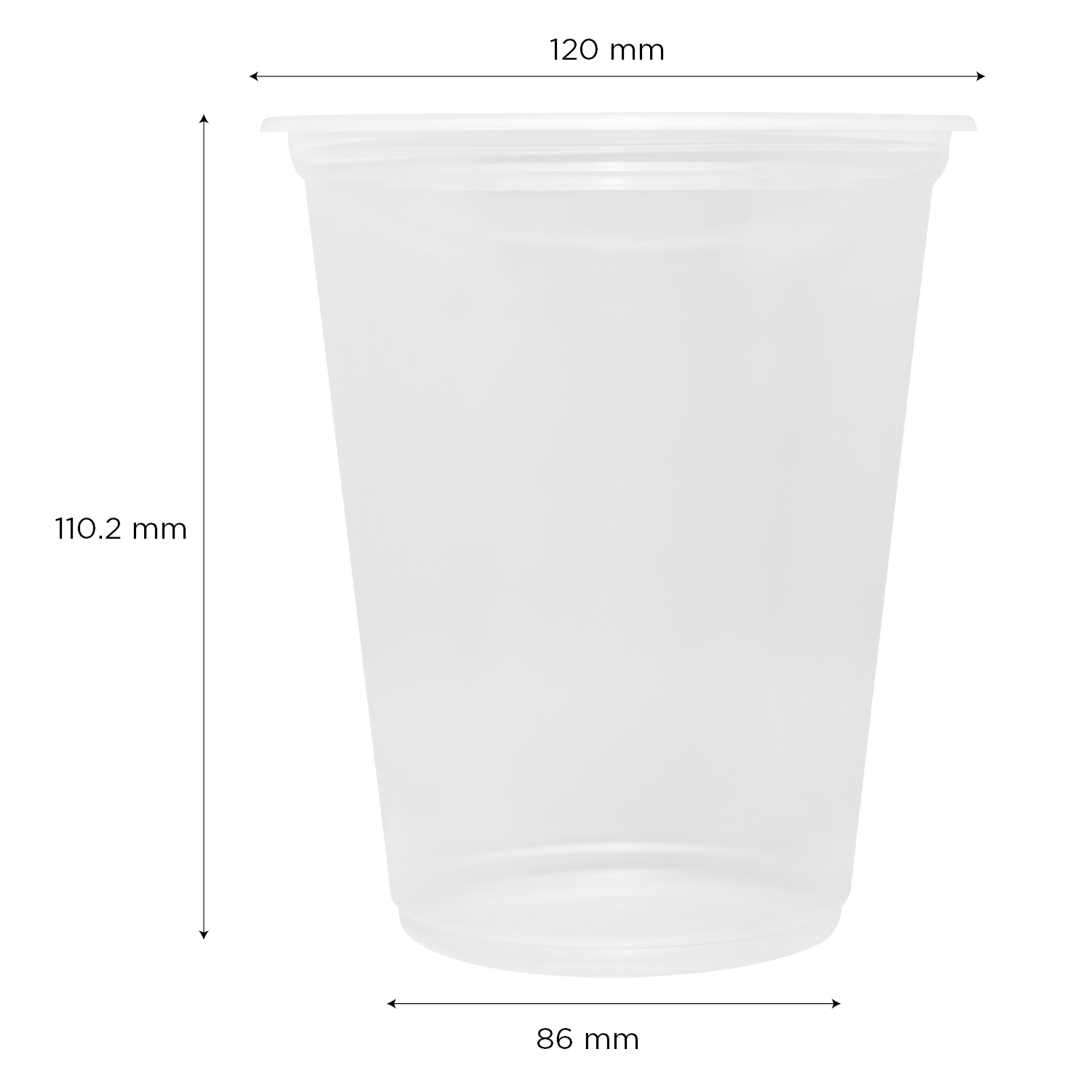 Clear Karat 30oz PP Plastic Flat Rim Extra Wide Cold Cups with measurements