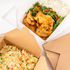 White Karat 54 fl oz Fold-To-Go Box open with rice and chicken