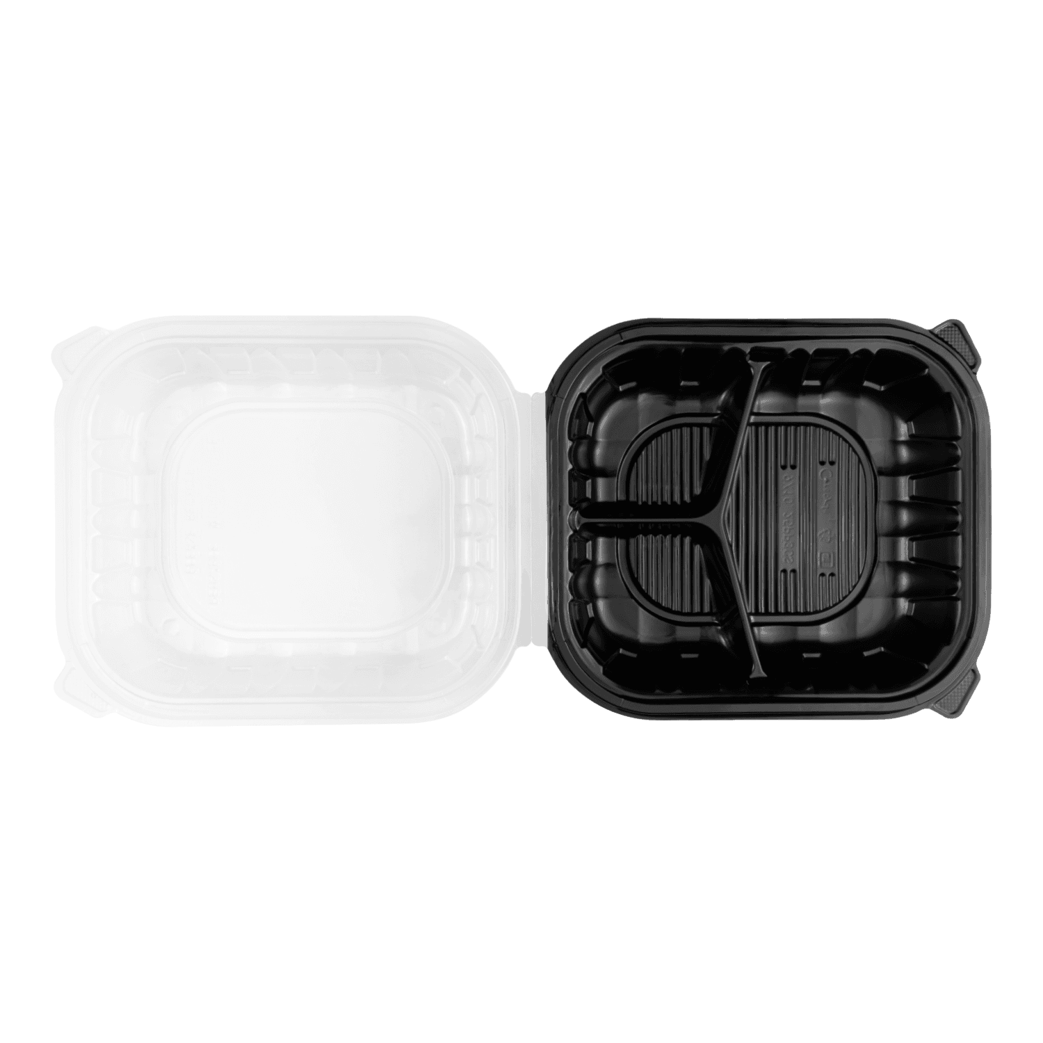 Top view of Black and Clear Karat 10.25"x 9" Premium PP Hinged Container with 3 compartments