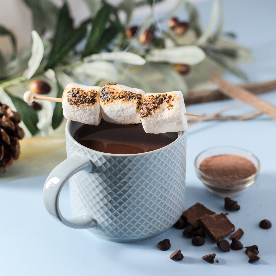 Steaming Hot chocolate in white mug topped with roasted marshmallows and surrounded by chocolate pieces