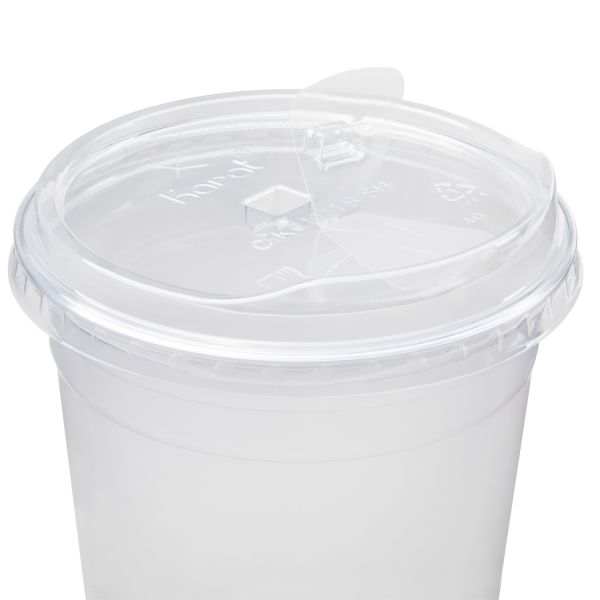 Clear Karat 107mm Strawless Sipper lid on 32oz PET Plastic cup