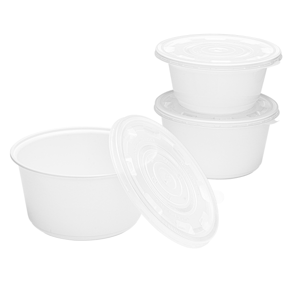 White Karat 48oz PP Injection Molding Bowl stacked with matching lids 