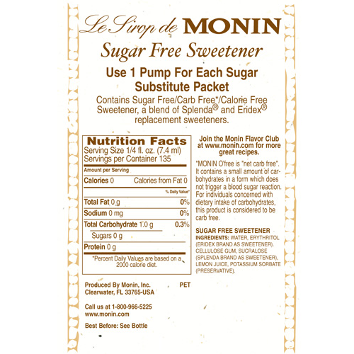 Monin Sugar Free Sweetener Syrup - Bottle (1L)
