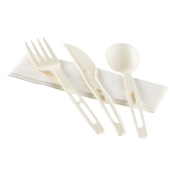 Karat Earth Heavy-Weight CPLA Compostable Cutlery Kits (Knife, Fork, Tea Spoon, 2-ply Napkin), White - 250 kits