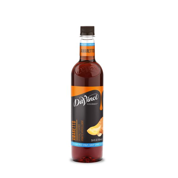 Sugar Free Amaretto Syrup in clear plastic 750 mL bottle with resealable top