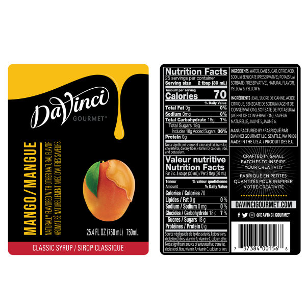 Mango syrup label and nutrition facts