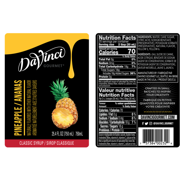 Pineapple syrup labels and nutrition facts