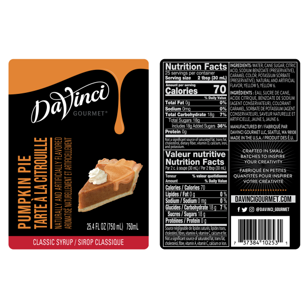 Pumpkin Pie Syrup labels and nutrition facts