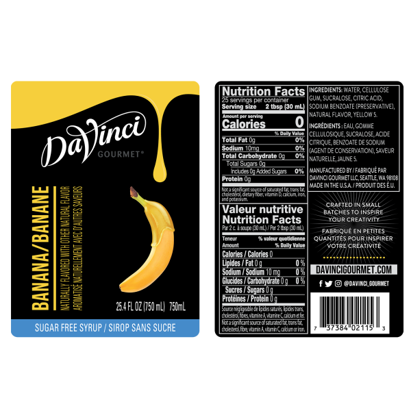 DaVinci Sugar Free Banana Syrup - Bottle (750mL)