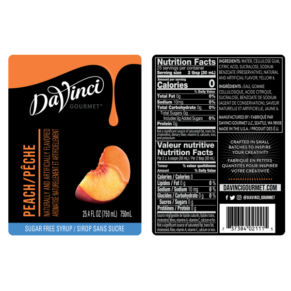 Sugar Free Peach Syrup labels and nutrition facts