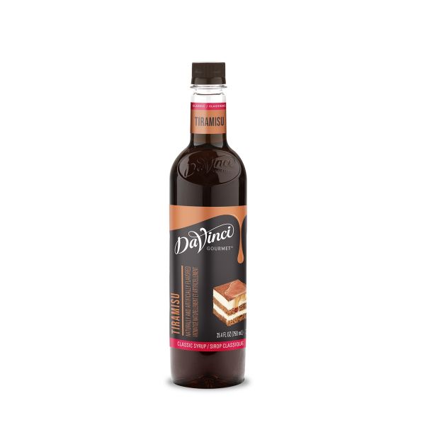 Tiramisu syrup in clear 750mL bottle with labels and twist off reusable lid