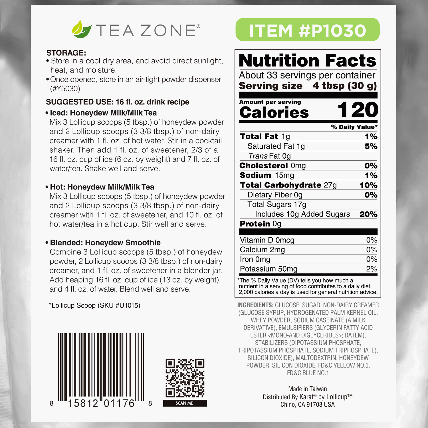Tea Zone Honeydew Powder recipes, storage instructions, and nutrition facts