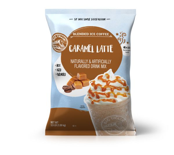 Frozen Caramel Latte powdered mix in container with frozen drink image on container