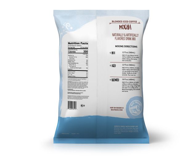 Frozen Mocha powdered mix in container with nutritional facts and directions