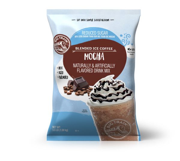 Frozen Mocha powdered mix in container with frozen drink image on container