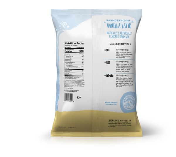 Frozen Vanilla Latte powdered mix in container with nutritional facts and directions
