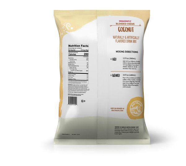 Frozen Coconut powdered mix in container with nutritional facts and directions