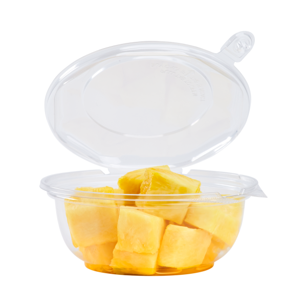 Clear Karat 24 oz PET Plastic Tamper Resistant Hinged Salad Bowl with Dome Lid filled with pineapple