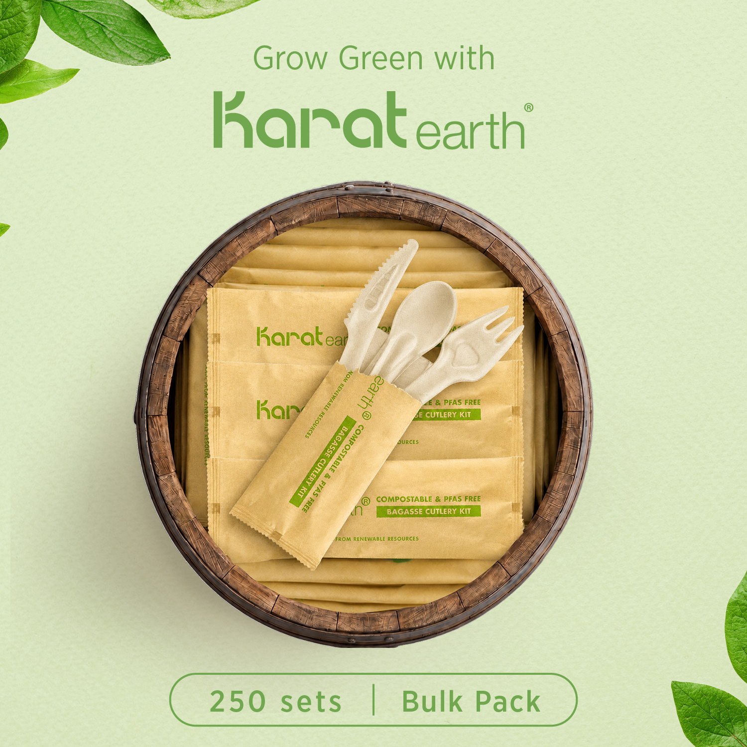 Karat Earth PFAS Free Bagasse Cutlery Kits (Knife, Fork, Soup Spoon, 2-ply Napkin), Paper Wrapped - 250 sets