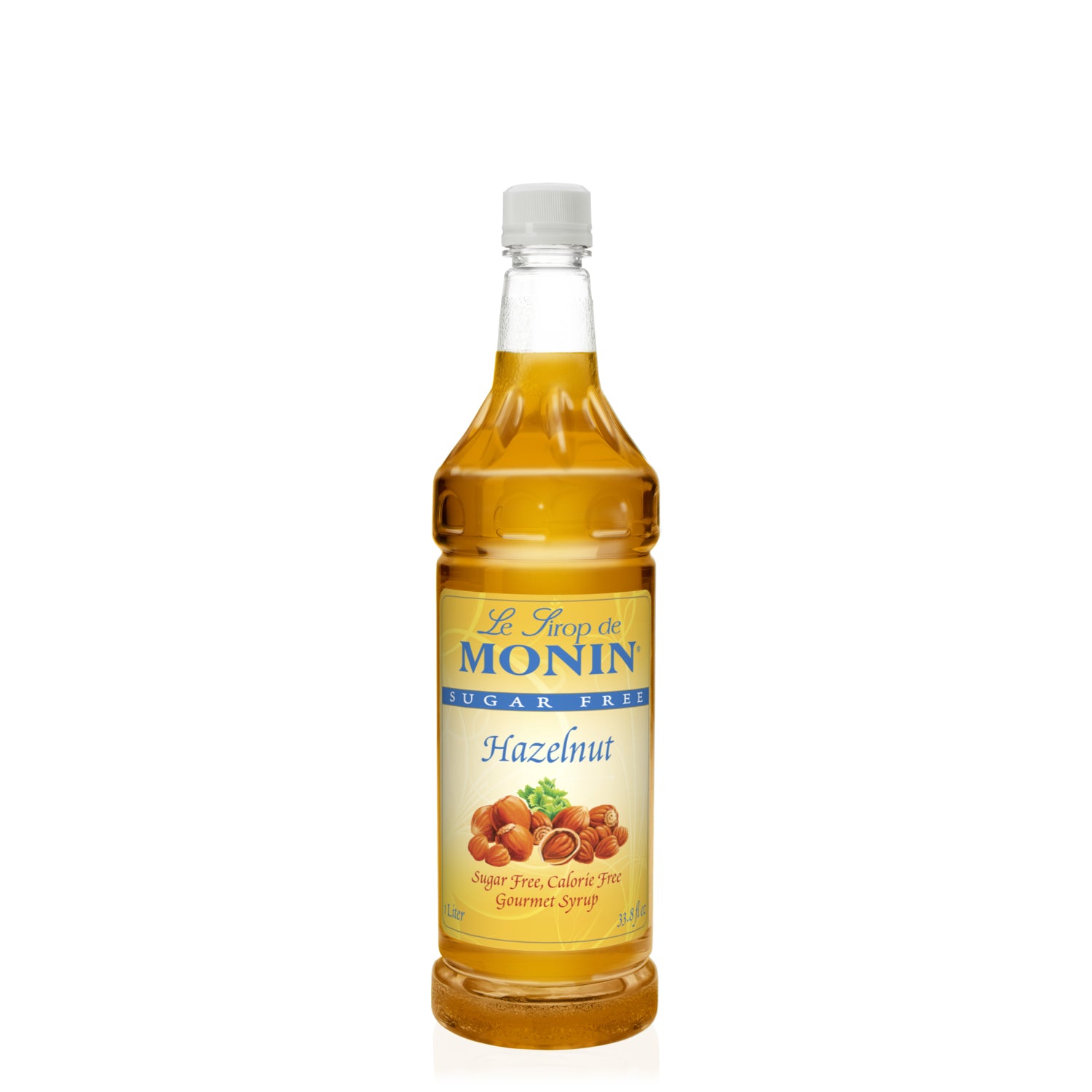 Monin Sugar Free Hazelnut Syrup in clear plastic 1 L bottle
