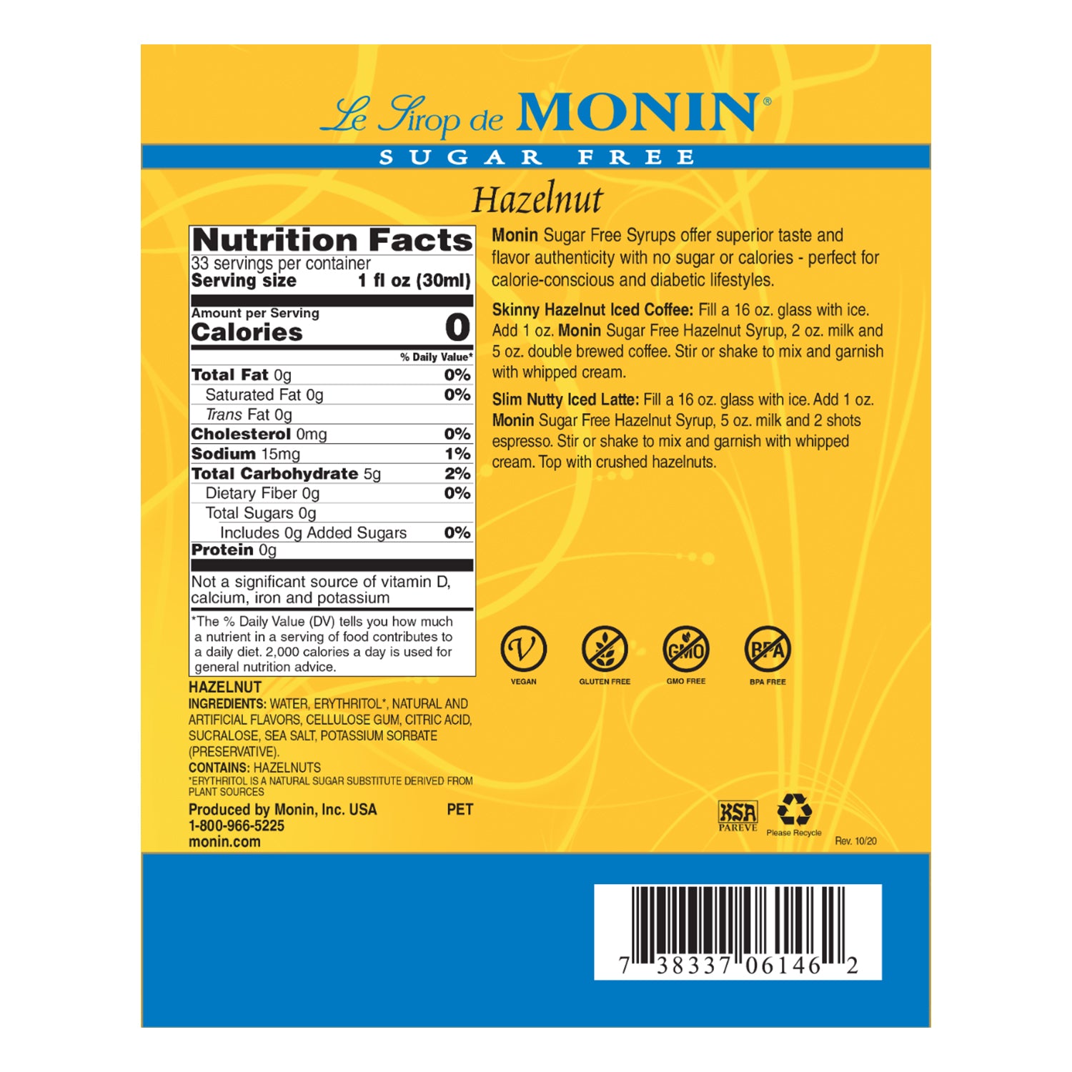 Monin Sugar Free Hazelnut Syrup nutrition facts and directions label
