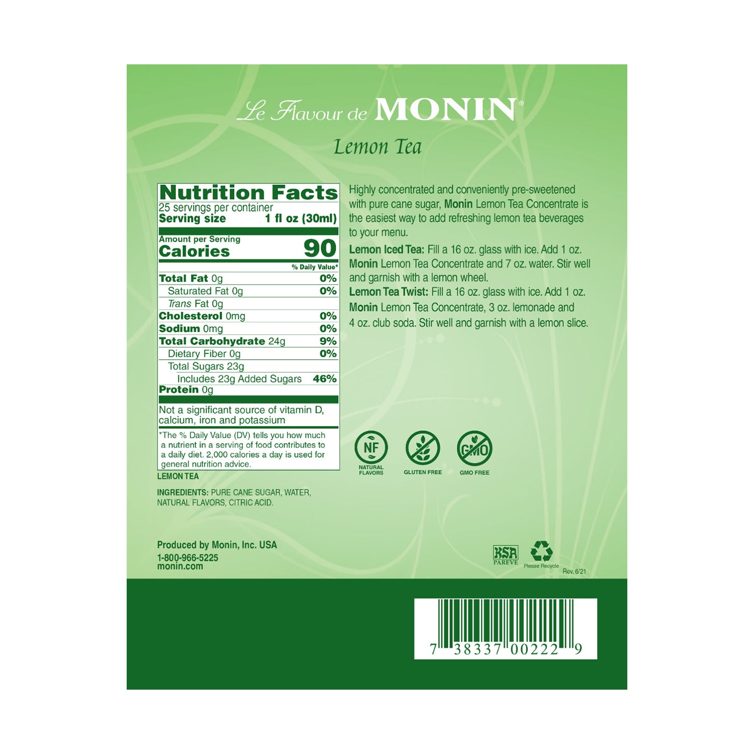 Monin Lemon Tea Concentrate Syrup nutrition facts and directions label