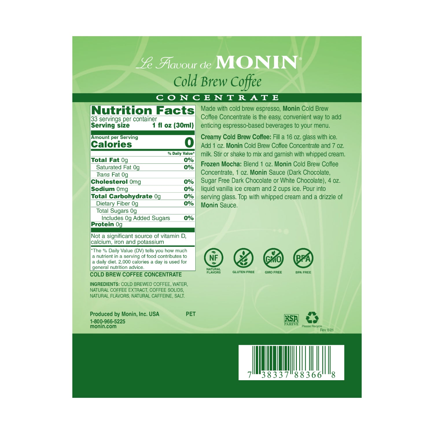 Monin True Brewed Espresso Concentrate nutrition facts and directions labell