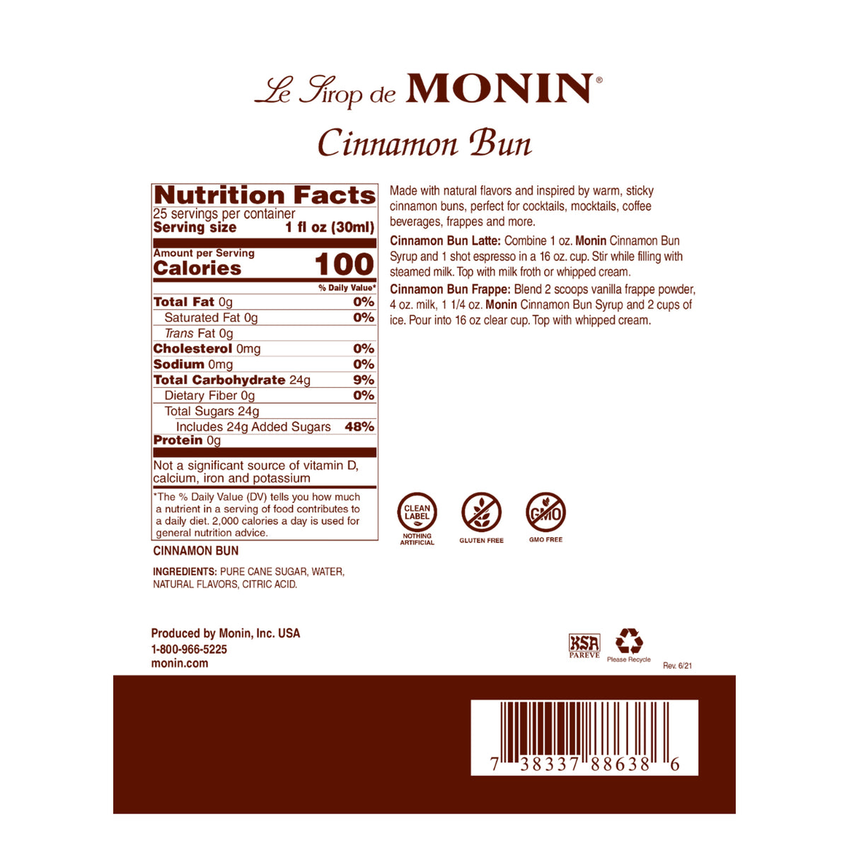Monin Cinnamon Bun Syrup Bottle (750mL) LollicupStore