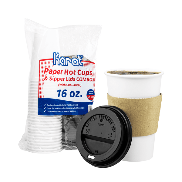 Karat 16oz White Paper Hot Cup with Black PP Sipper Lid and Cup Jacket - 250 sets