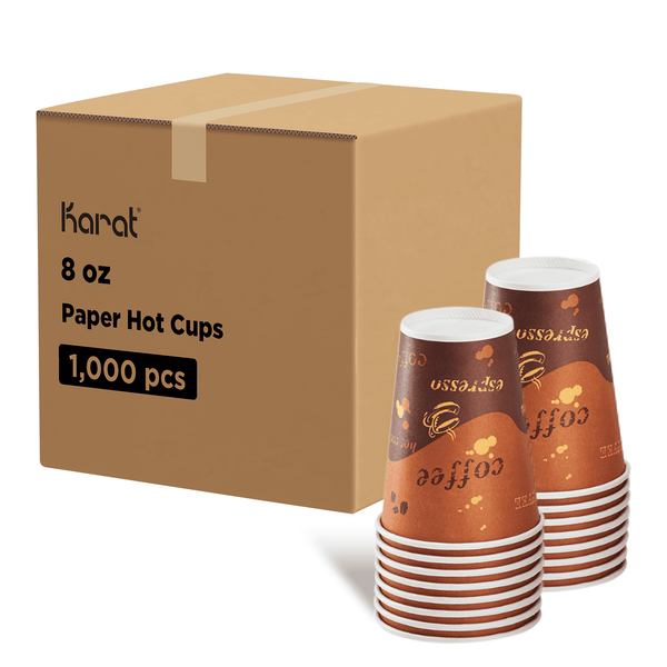 Coffee Print Karat 8oz Paper Hot Cups stacked next to packaging