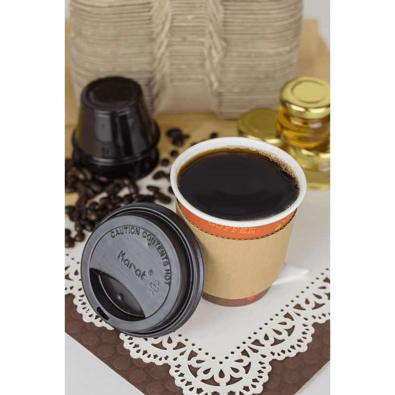 Printed Karat 10oz Insulated Paper Hot Cup with coffee and black sipper lid