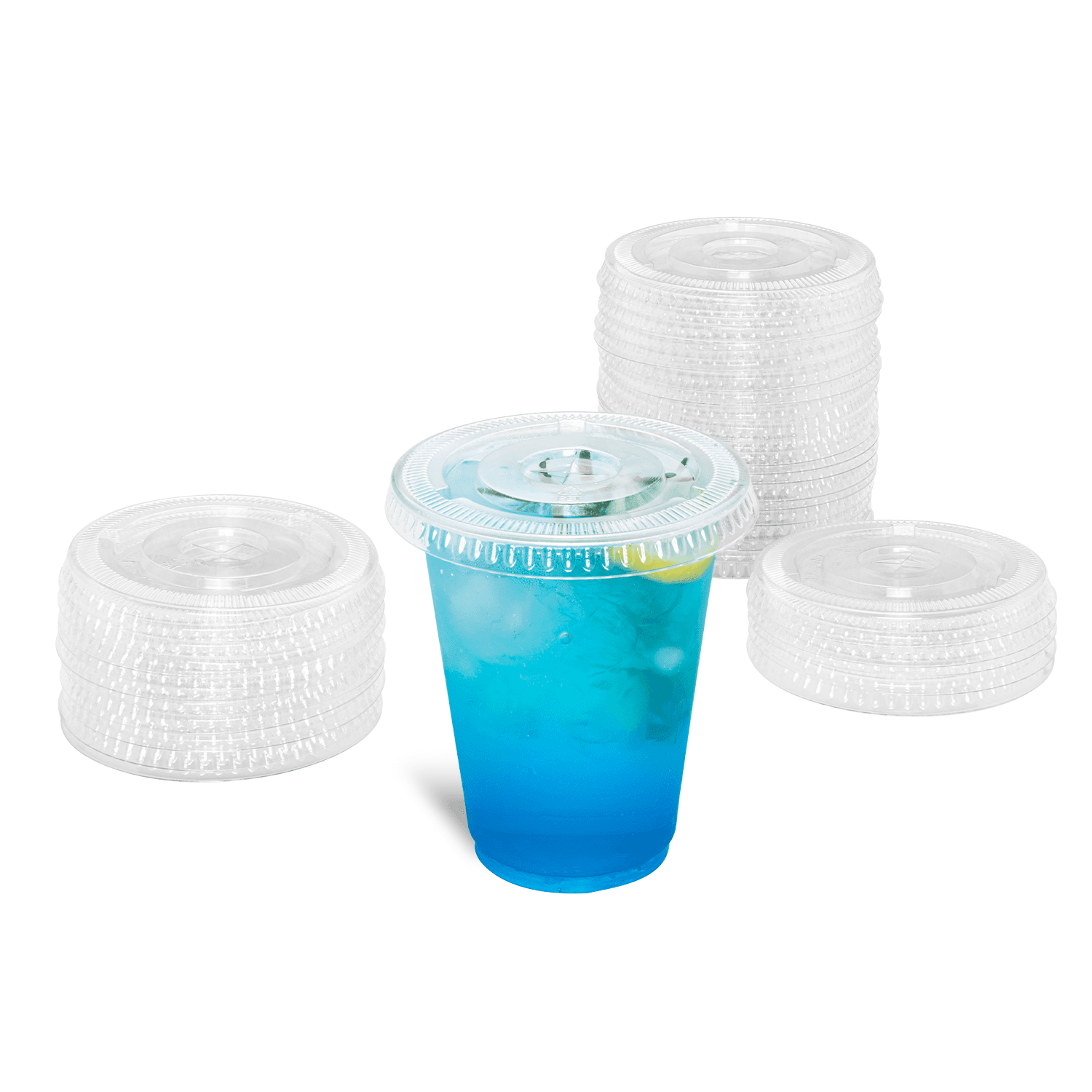 Karat PET Clear Flat Lid for 7oz PET Cup on blue drink