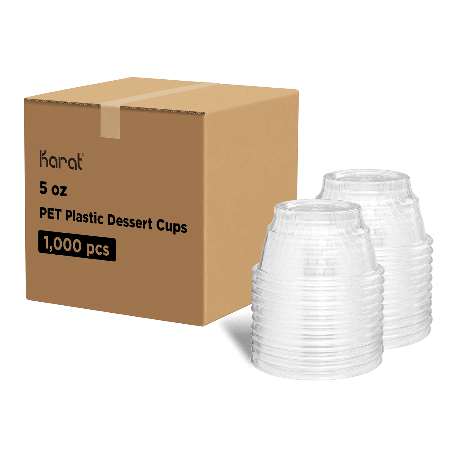 Clear Karat 5oz PET Plastic Dessert Cups stacked next to packaging