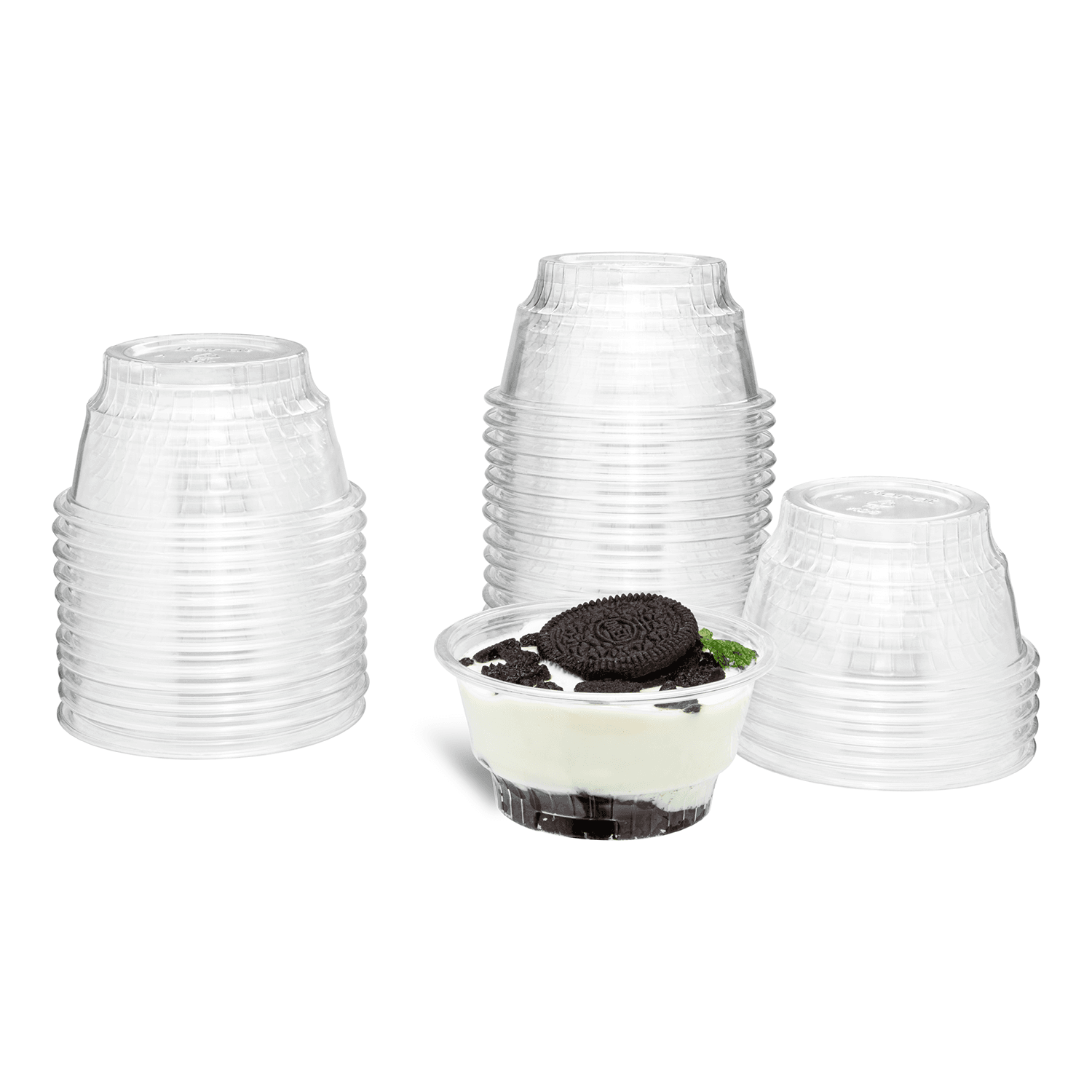 Karat 5oz PET Plastic Dessert Cups stacked with cookies and cream pudding