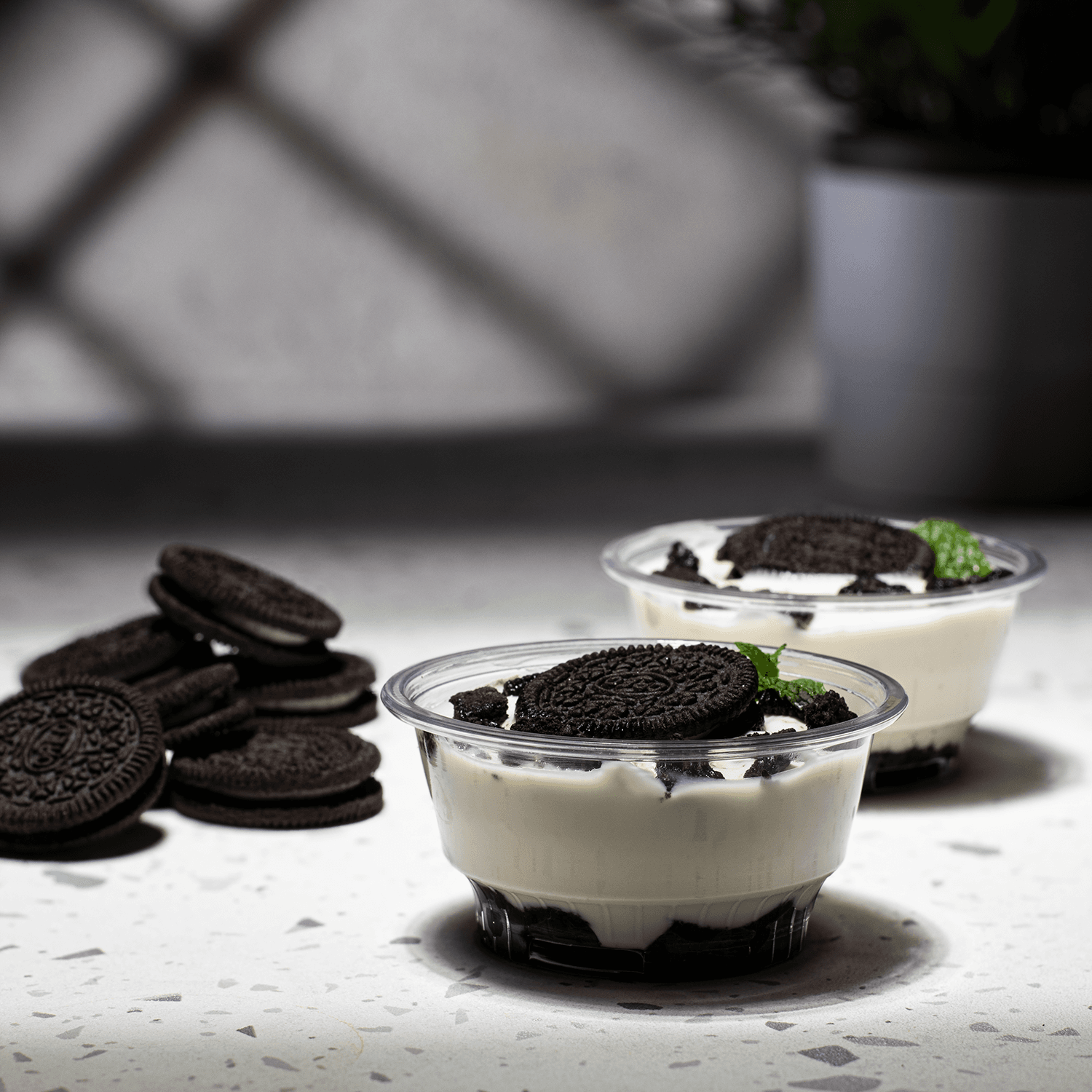 Clear Karat 5oz PET Plastic Dessert Cups with cookies and cream pudding
