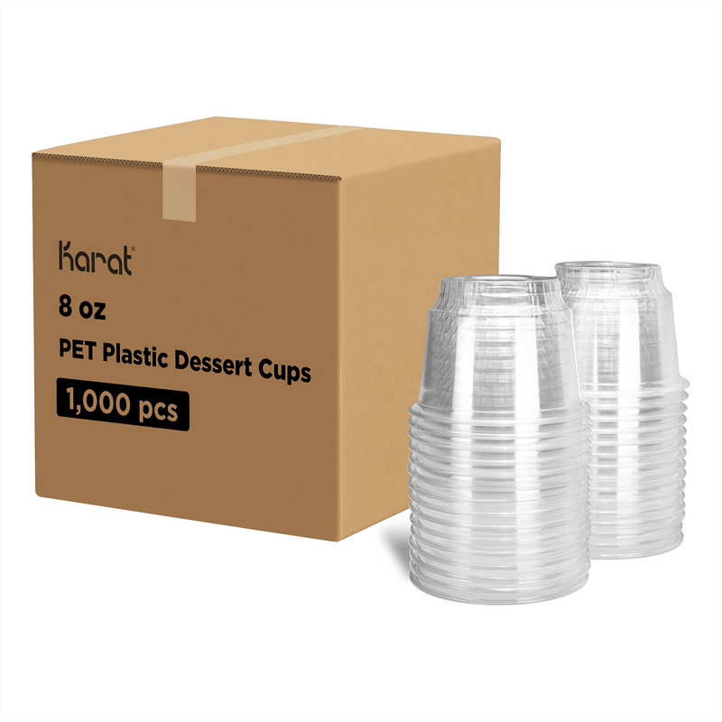 Clear Karat 8oz PET Plastic Dessert Cups stacked next to packaging