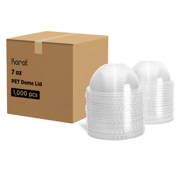 Karat PET Clear Dome Lid for 7oz PET Cup stacked by brown box