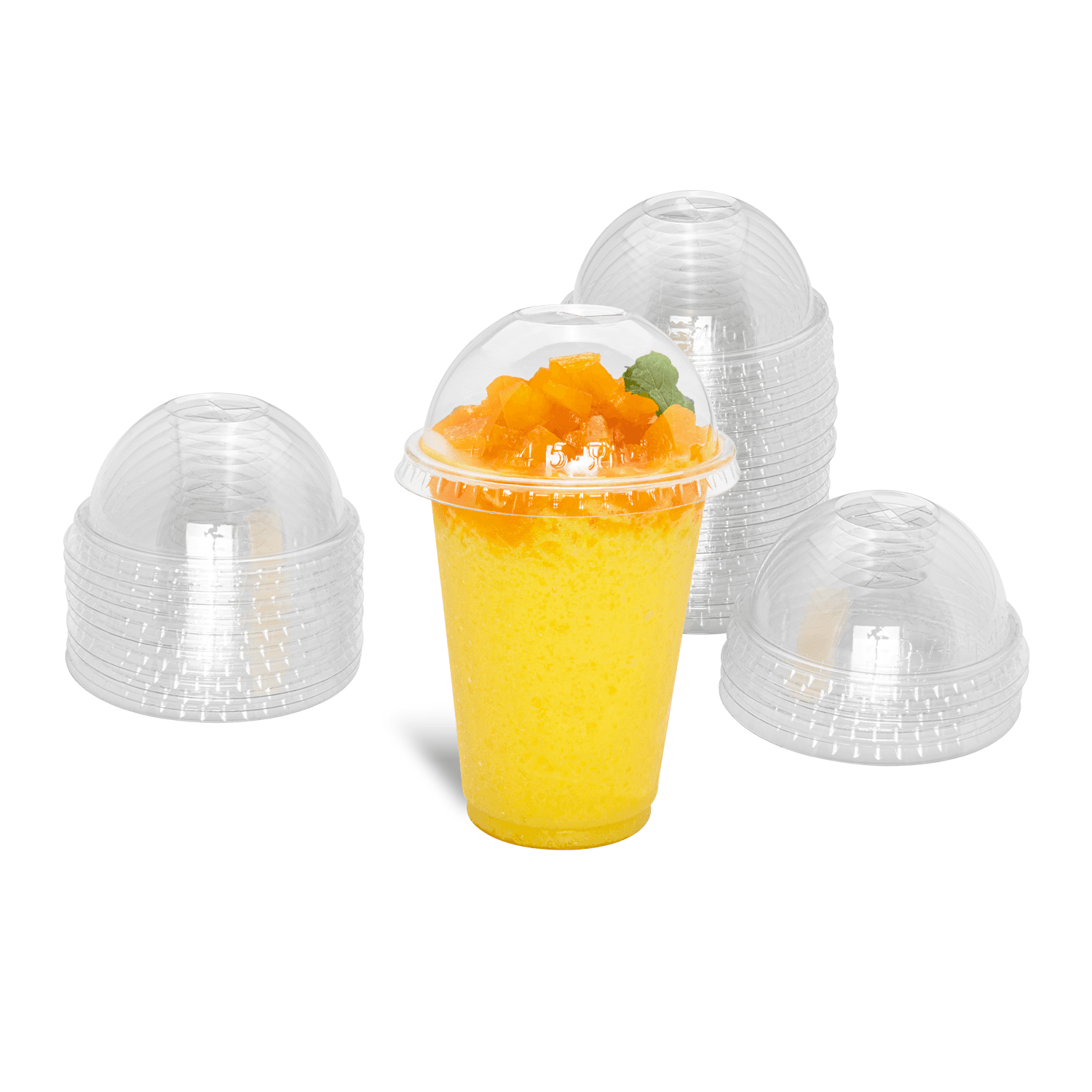 Karat PET Clear Dome Lid for 7oz PET Cup with matching cup and yellow drink