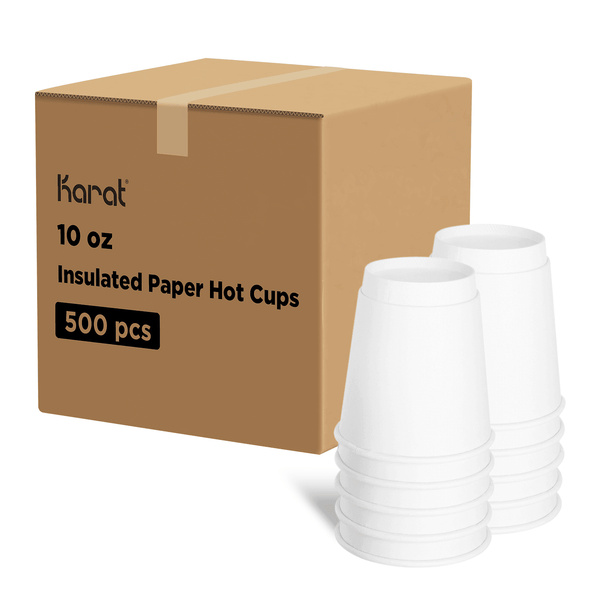 Karat 10oz Insulated Paper Hot Cups stacked next to packaging